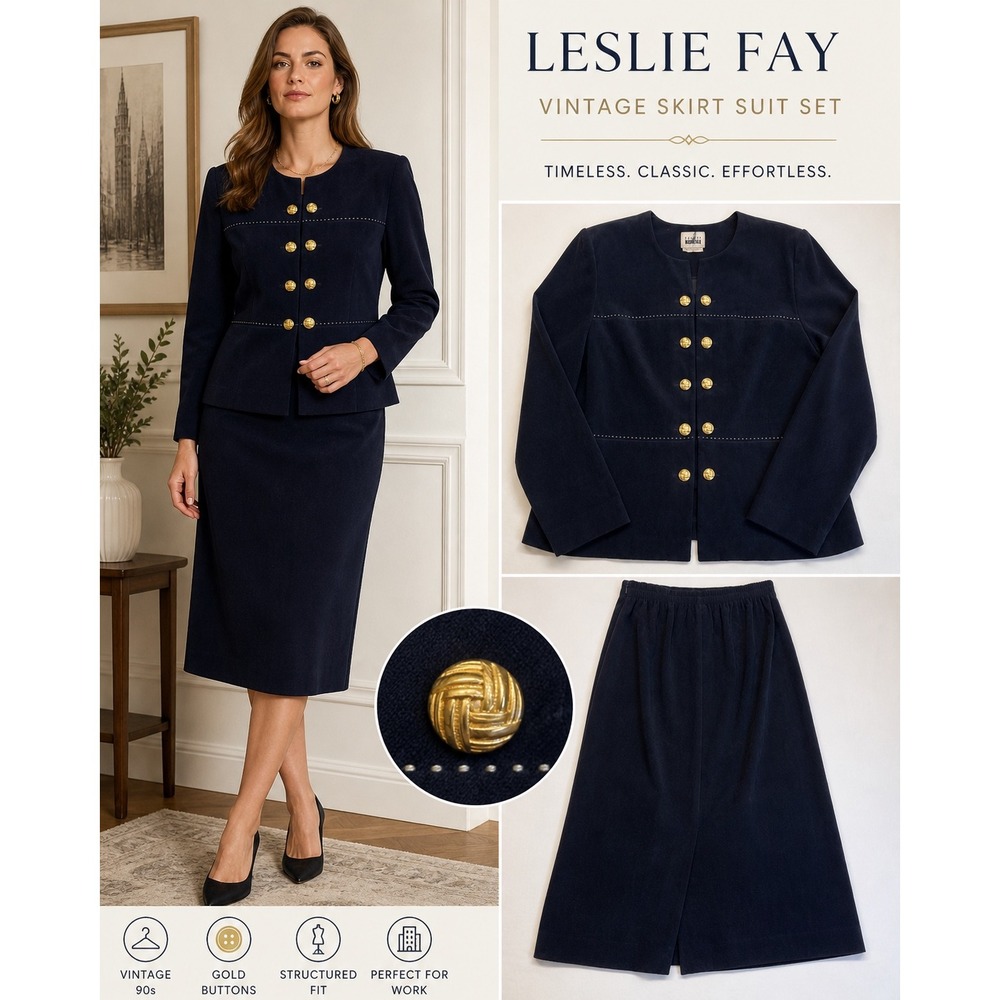 Vintage Navy Skirt Suit Set Gold Button Blazer Minimalist 90s 16 14